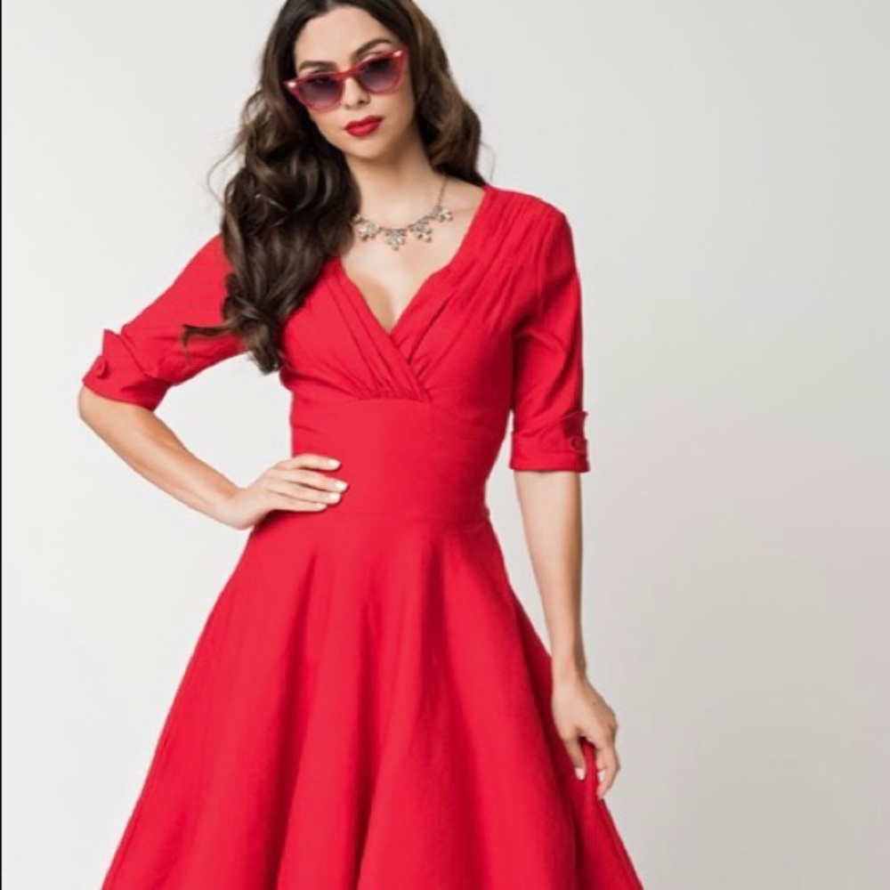 Unique Vintage 50s Red Delores Swing Dress Pin-Up
